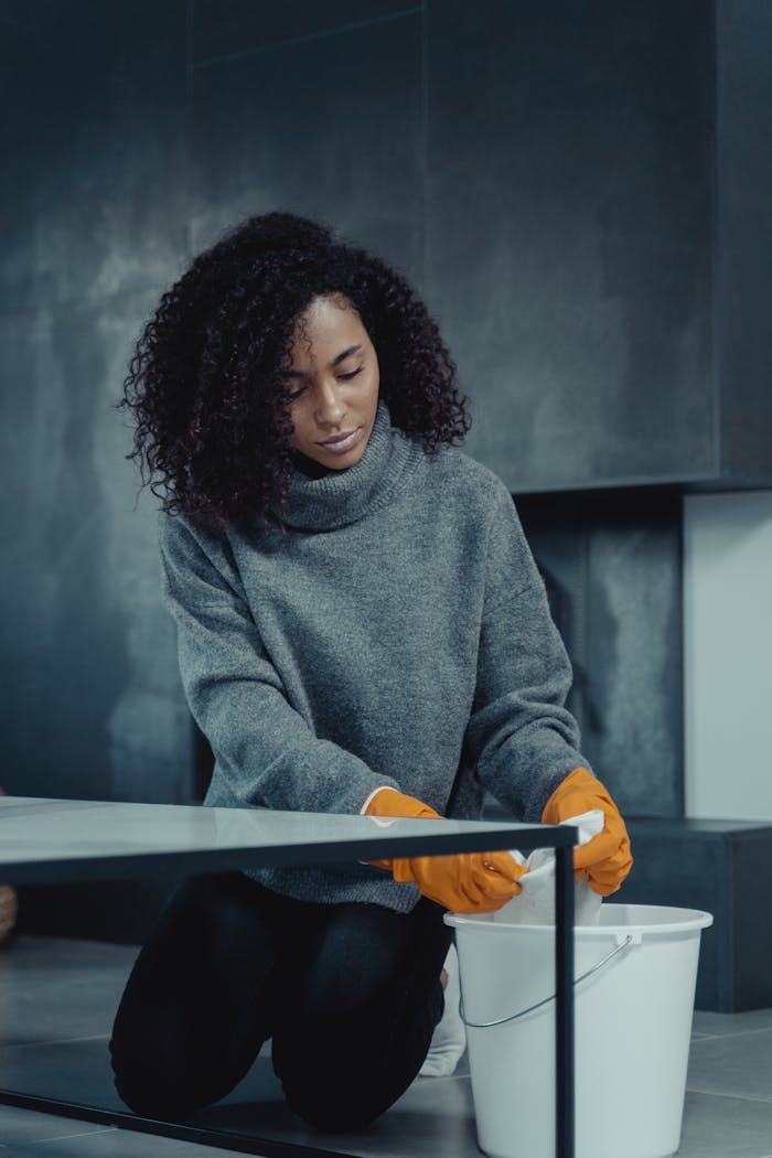 hero-img-02 African American woman in gray sweater cleaning with a pail and gloves at home.